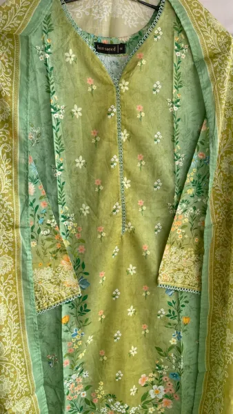 Pakistani Original Bin Saeed Cotton Chickankari Stitched 3Pcs_ Light Green 